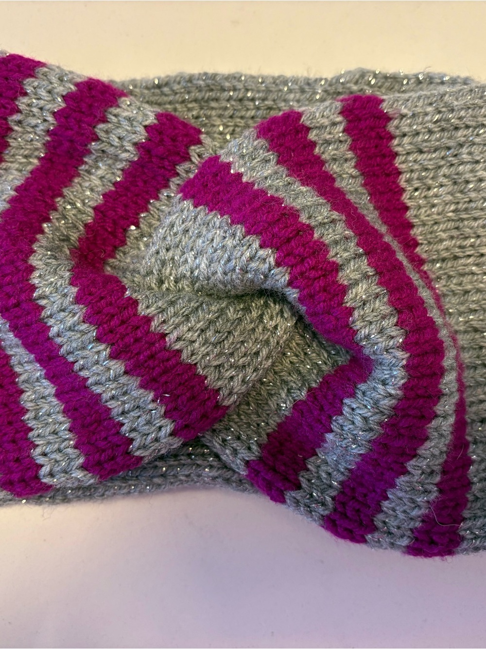 Striped Knit Twist Headband in Fuchsia and Sparkly Silver